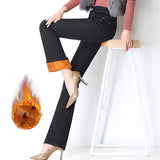 warm fleece Wide leg jeans woman with high waist skinny OL office denim jeans for women flare mom jeans