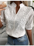 Hollow-out Embroidery White Cotton Shirt Floral Patterns Decoration V Neck Casual Lace Blouse Half Puff Sleeved Tops