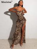 Spaghetti Strap Leopard Print Maxi Dress For Women 2022 Summer Sleeveless Backless Split Long Elegant Dress