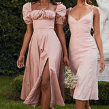 Pink Dress Woman Clothes Summer Halter Square Collar High Waist Tunics Split Mid-calf Puff Sleeve Evening Party