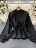 Women Yellow/Black/White Draped Ruffle Blouse Vintage Stand Collar Puff Long Sleeve Single Breasted Slim Blusas Female Tops