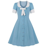 Women Single-Breasted Vintage Dress Bow Front Knee Length A-Line Button 1950s Style Office Ladies Tunic Shirt