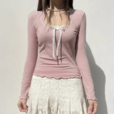 Aesthetic Lace Trim Bow Long Sleeve Tee-Outfit