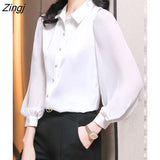 2022 Spring New Office Lady Long Sleeve Pullovers Lace Ruffles Chiffon Shirts Women's Clothing Vintage Elegant Blouse