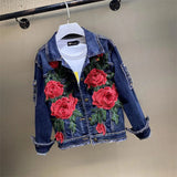 Spring Autumn New Women's Embroidery Red Rose Short Denim Jacket Coat Hole Long Sleeve Skinny Dark Blue Jeans