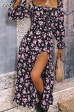 Print Dress Women Boho Elegant Lace Up Side Splits Dresses Ladies Casual Sexy Square Neck Long Sleeve Dress Beach