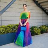 Shoulder Rainbow Color Elegant Women Dress Chiffon Summer Maxi Dress A-line Floor Length Femme Pleated Dress 2019