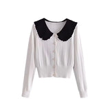 Fashion Woman Sweaters Embroidered Cropped Knitted Sweater Vintage Cute Peter Pan Collar Female Pullovers Chic