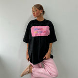 Letter Print Bumper T-Shirt Foundation Buffet Short Sleeves Front Shoulder Thin Long Round Collar