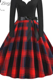 Women Plaid Print Winter Dress Black Long Sleeve Vintage Christmas Party Pin up Rockabilly Dress Robe Femme