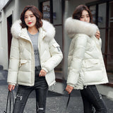 Women Winter Hooded Thick Short Jacket Solid Casual Glossy Warm Cotton Padded Parkas Fur Collar Winter Coat