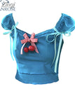 Summer Women's Crop Top Blue Kawaii T-shirts Square Collar Lace Up Vest Streetwear Sleeveless Casual Y2k Tank Tops