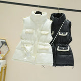 2022 Winter Sleeveless Stand Collar Multi Pockets Thick Cotton Vest Women Gilet