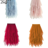 Tulle Skirt Women Elastic High Waist Mesh Midi Skirt Plus Size Elegant Design Pleated Tutu Skirt Female Jupe