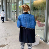 Vintage Denim Spliced Blazer Women's Autumn 2023 New Notched Loose Single Breasted Long Sleeve Suit Coat