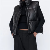 Streetwear Women Puffy Vest Winter Thick Parkas Jacket Black PU Female Coats Faux Leather Down Waistcoat Loose Lady