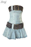 Vintage Women's Denim Dresses Sexy Sleeveless Tunic Mini Dress Elegant Fashion Party Slash Neck A-line Frocks With