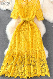 Hollow Out Lace Long Dress Women Sexy O-Neck Short Sleeve High Waist A-Line Vacation Beach Vestidos Female With Belt