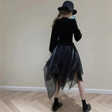 Y2K Irregular Tulle Skirt Women Gothic High Waist Asymmetrical Mesh A Line Midi Skirts Korean Office Lady All Match