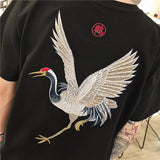 Vintage Flying Crane Bird Embroidery T Shirts Men Women Streetwear Y2k Tops Cotton Black White Tops Harajuku Kawaii