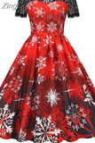 Christmas Costume Party Dress Women Short Sleeve Lace Vintage Winter Dress Robe Elegant Xmas Evening