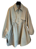Spring Autumn Oversized Khaki Shirt Trench Coat for Women Drawstring Runway Designer Casual Loose Fashion 2023 One