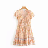 Queens Women Peacock Floral Print Deep V-neck Bohemian Mini Dress Ladies Short Sleeve Boho Dresses