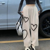Pure Cotton Sweatpants Women Heart Print Joggers Hip Hop Streetwear Oversized Wide Leg Pants Harajuku Korean Trousers