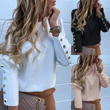 Work Wear Women Blouses Long Sleeve Back Metal Buttons Shirt Casual O Neck Printed Plus Size Tops Fall Blouse Drop