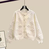 Winter Knit Sets Womens Outfits Korean Sweet Floral Knitted Cardigan And Wide Leg Pants Sets Ladies Elegant Knitting