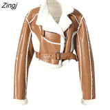 2023 New Autumn And Winter Turn-down Collar Full Sleeves PU Leather Flocking Waist Jacket Female Coat Tide Warm