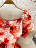 Vintage Women Printed Dresss Sexy Square Collar Short Puff Sleeve High Waist A-Line Vacation Beach Vestidos Female
