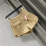 2022 Spring New Arrival High Waist Cargo Short Pants Loose Pockets Wide Peg Pu Shorts Casual Women