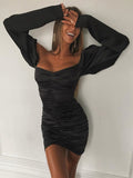 NEW Long Puff Sleeve Slash Neck Satin Pleated Sexy Mini Dress Autumn Winter Women Solid Party Elegant Streetwear