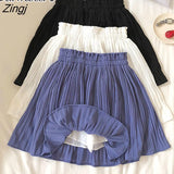 2022 Spring Summer Mini Shorts Skirt Women Korean Style White Black Blue High Waist Sun School Pleated Skirt