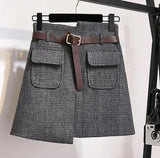 Puff Sleeve Women Fashion Autumn Winter Slim Sweet Sweaters Tops+Woollen Cloth Plaid High Waist Pockets Mini Skirts