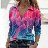 Women Long Sleeve V Neck Geometric Print Blouse Vintage Loose Polo Shirt Y2K Harajuku Oversize Tops Elegant Zip Sweatshirt