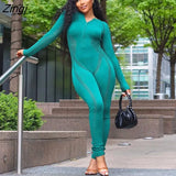 Knitted Deep V-neck Zipper Women Jumpsuit Khaki Long Sleeve Solid Jumpsuits Female Summer Bodycon Stretch Party