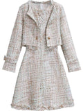 Winter French Vintage Fragrance Tweed Two Piece Set Women Outfit Office Ladies Elegant Coats+sleeveless Dresses Sets