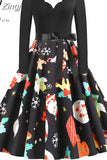 Women Winter Long Sleeve Vintage Christmas Dress Black Red Print V Neck Sexy Xmas Party Dress Robe 3XL Elegant