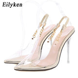 Sexy Nightclub Stripper Heels Pointed Toe Women Pumps Sandals Fashion PVC Transparent Metal Chain Party Femme