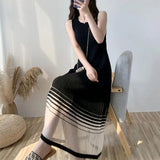 Women's Elegant Fashion Ice Silk Mesh Patchwork Knitted Long Dresses Ladies Sleeveless Temperament Slim Robe Casual