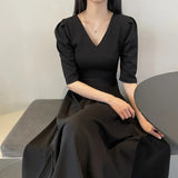 French Style Puff Sleeve Fashion Black Wedding Maxi Dresses for Women Party V-Neck Evening Long Dress Elegant Summer