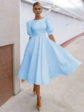 Spring and Summer Solid Color Slim Women's Dress Fashion Sexy Big Swing Short Sleeve Skirt Back Hollow Short Sleeve