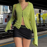 Green Long Sleeve Blouse Women Harajuku Basic Fashion White Shirt Female Casual Streetwear Black Cardigan Solid