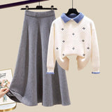 Knitted Two Piece Set Womens Outfits Korean Casual Turn Down Collar Long Sleeve Embroidery Knitted Sweater+skirts