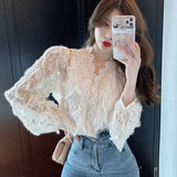 V-neck Hollow Lace Bottoming Shirt Korean Fashion Long Sleeve Elegant Blouse Slim Vintage Shirt Women Tops Blusas