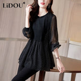 Autumn Black Polka Dot Loose Casual Shirt Ladies Elegant Fashion Patchwork Pullover Top Women Long Sleeve Chiffon