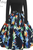 Print Vintage Women New Spring Elegant Party Long Sleeve Casual Black Patchwork Midi