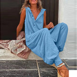 Button Sleeveless Beach Romper Simple Solid Cross-pants Lady Playsuit Women Casual Loose Hooded Jumpsuit Summer